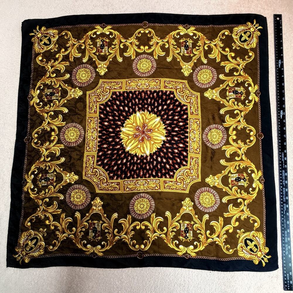 Intricate Baroque 100% Pure Silk Scarf Gold Floral Ornate
